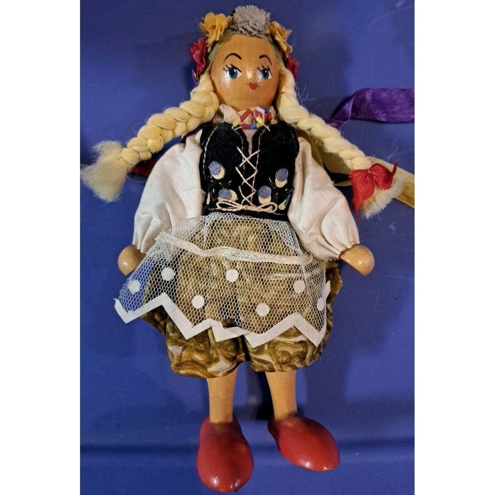 Vintage Gromada Polish Wood Folk Art Doll Girl In A Blue Vest Wooden Toy 7.5"